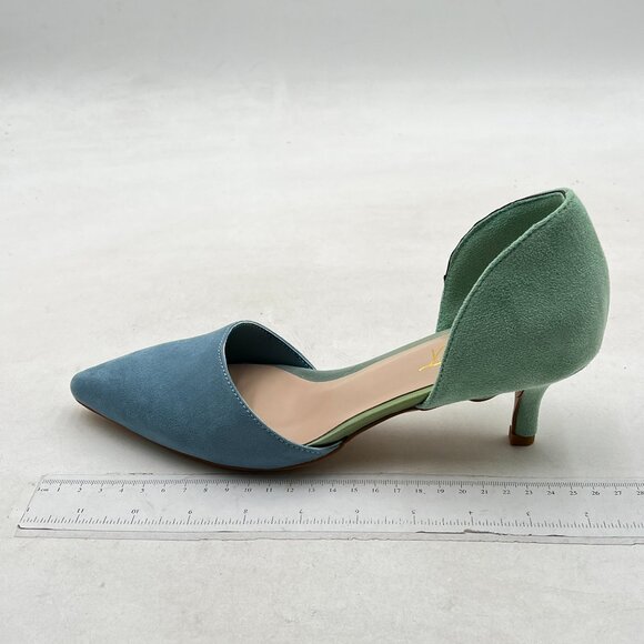 FOWT Blue Green Pointed Toe Kitten Heel Pumps Slip On Two Toned D'Orsay Sandals - Picture 2 of 8